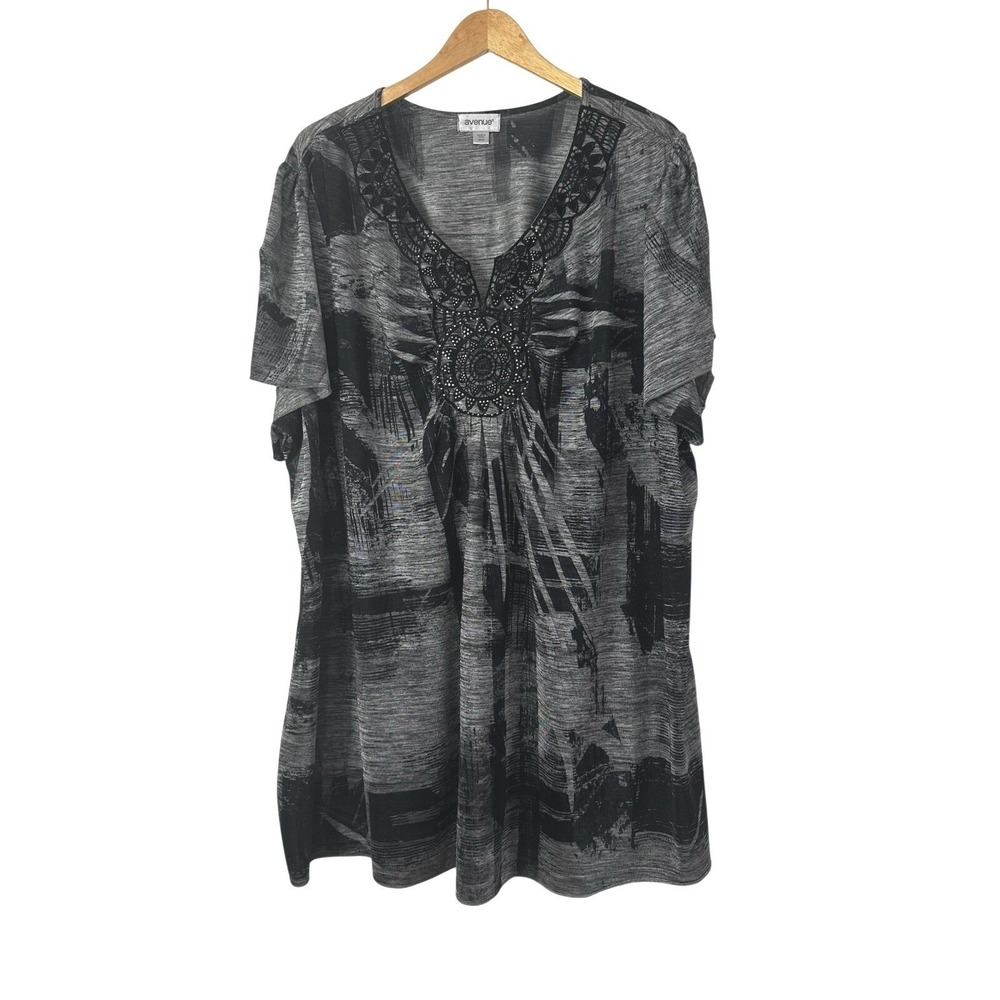 Avenue Tunic Top Womens 30/32‎ Black Gray V Neck Pullover Embellished Stretch
